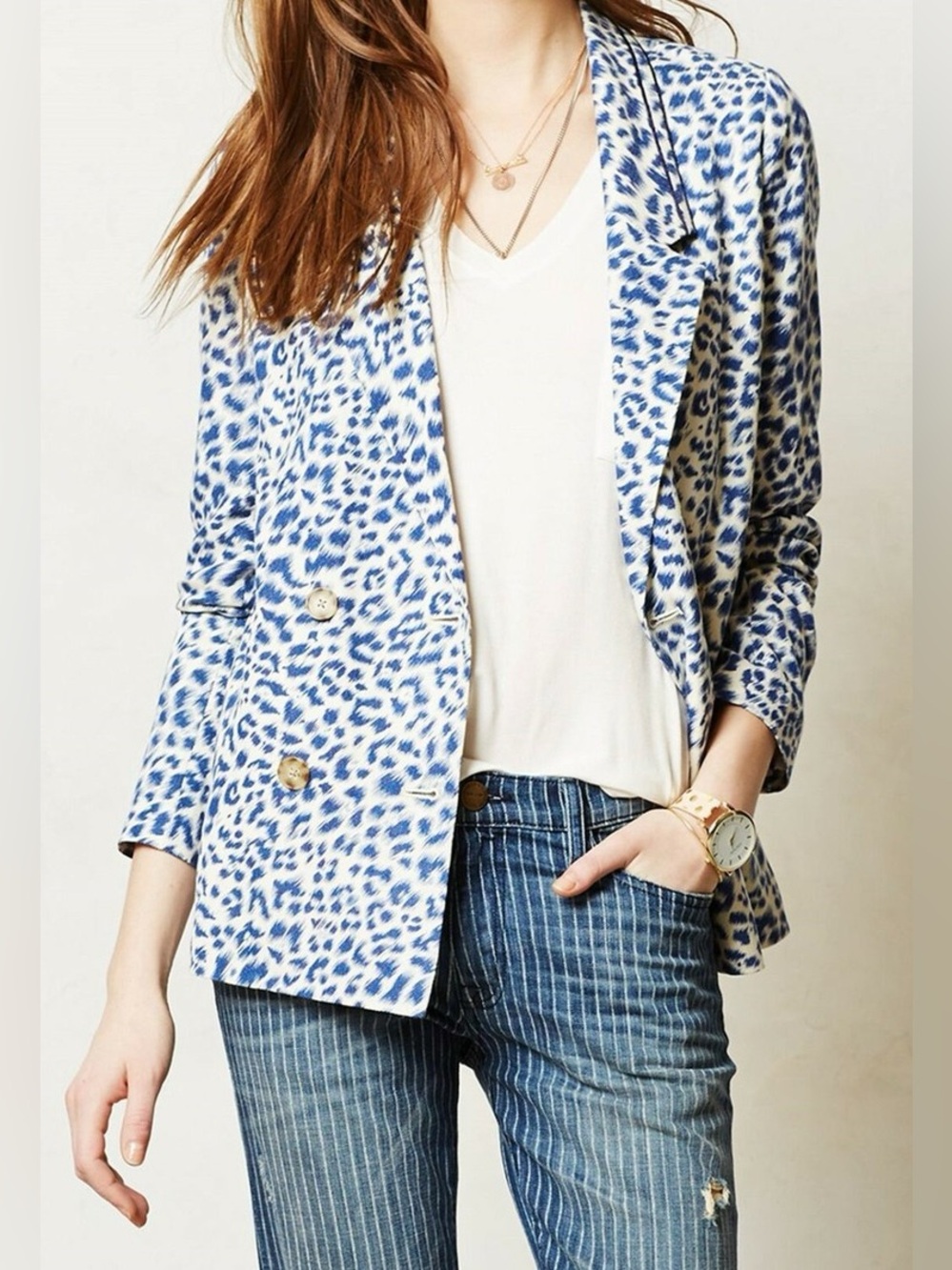 ANTHROPOLOGIE CARTONNIER Blue Leopard Print Double Breasted Blazer